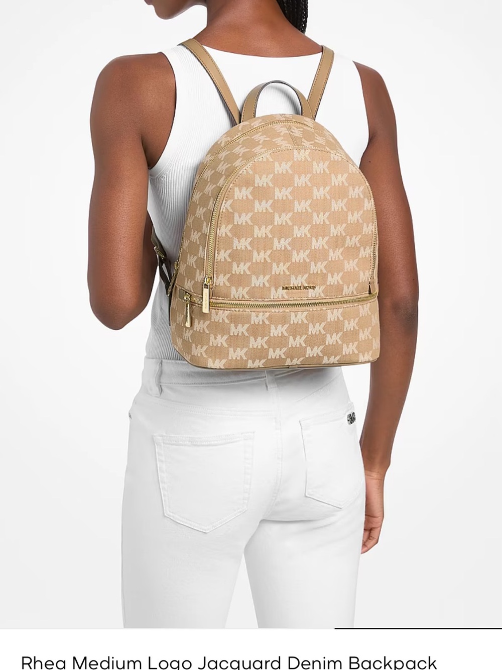 Michael Kors Rhea Medium Logo Jacquard Backpack in Beige